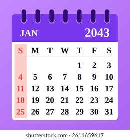 January 2043 Calendar. Monthly Grid Layout. Printable Vector Design