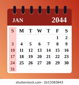 January 2044 calendar design. Flat vector template for monthly planning