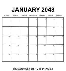 january 2048. monthly calendar design. week starts on sunday. printable, simple, and clean vector design isolated on white background.