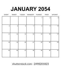 january 2054. monthly calendar design. week starts on sunday. printable, simple, and clean vector design isolated on white background.