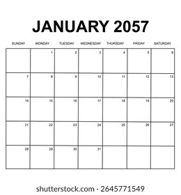Janeiro de 2057. design de calendário mensal. semana começa no domingo. design de vetor imprimível, editável, simples e limpo isolado no fundo branco.