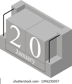 January 20th date on a single day calendar. Gray wood block calendar present date 20 and month January isolated on white background. Holiday. Season. Vector isometric illustration