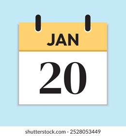 January 20th. Serif Font. Jan 20. Daily Calendar in Flat Design. Yellow Illustration with Soft Blue Background. Date Icon. Time Concept.