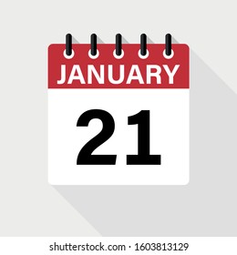 January 21 - Calendar Icon. Calendar Icon with shadow. Flat style. Date, day and month.