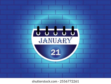 January 21 calendar sign on blue neon brick wall background. Flat design style. Date, day and month. Vector illustration.