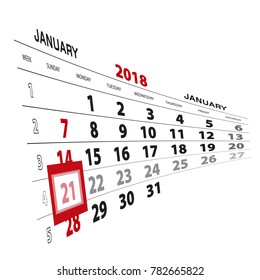 January 21, highlighted on 2018 calendar. Week starts from Sunday. Vector Illustration.