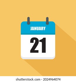 January 21. Square Calendar icon.Vector illustration,flat style. Yellow background.