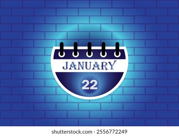 January 22 calendar sign on blue neon brick wall background. Flat design style. Date, day and month. Vector illustration.