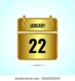 January 22 calendar and time planner on gold background. Daily calendar icon, schedule symbol