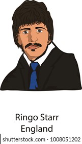 January 23, 2018: editorial vector illustration of the Beatles band member Ringo Starr on white background. 