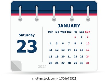 January 23 - Calendar Icon - 2021 - Week starts monday. Calendar design template. 