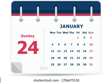 January 24 - Calendar Icon - 2021 - Week starts monday. Calendar design template. 