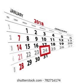 January 24, highlighted on 2018 calendar. Week starts from Sunday. Vector Illustration.