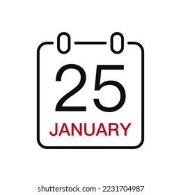 January 25 date on the calendar, vector line stroke icon for user interface. Calendar with date, vector illustration.