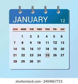 January 25. Flat icon calendar isolated on blue background. Date and month vector illustration