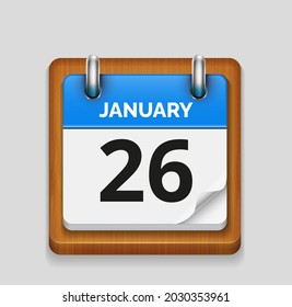 January 26 blue daily realistic calendar with wooden frame icon date vector image