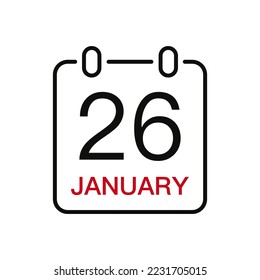 January 26 date on the calendar, vector line stroke icon for user interface. Calendar with date, vector illustration.