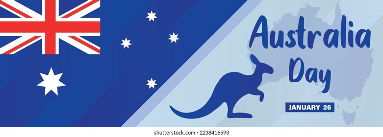 January 26, Happy Australia Day. Australian National Flag, map and kangaroo. Background, poster, card, banner vector illustration