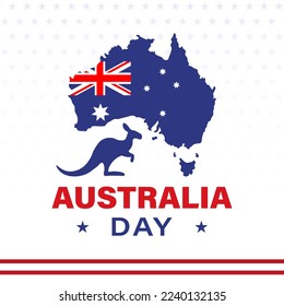 January 26, Happy Australia Day. Australian National Flag, map and kangaroo. Background, poster, card, banner vector illustration