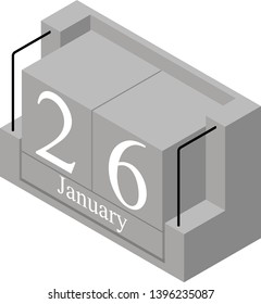 January 26th date on a single day calendar. Gray wood block calendar present date 26 and month January isolated on white background. Holiday. Season. Vector isometric illustration