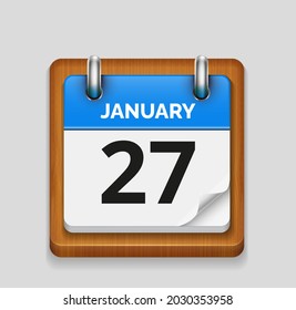 January 27 blue daily realistic calendar with wooden frame icon date vector image