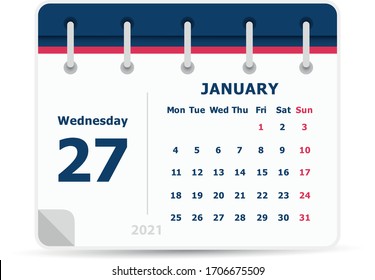 January 27 - Calendar Icon - 2021 - Week starts monday. Calendar design template. 