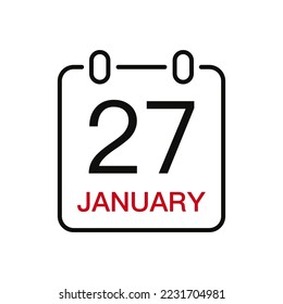 January 27 date on the calendar, vector line stroke icon for user interface. Calendar with date, vector illustration.