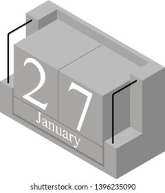 January 27th date on a single day calendar. Gray wood block calendar present date 27 and month January isolated on white background. Holiday. Season. Vector isometric illustration