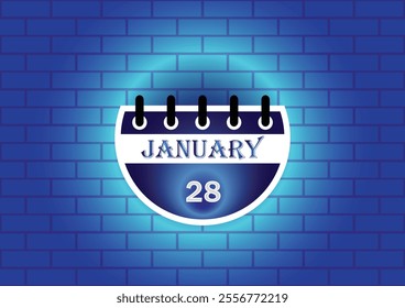 January 28 calendar sign on blue neon brick wall background. Flat design style. Date, day and month. Vector illustration.