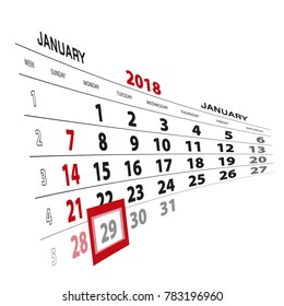 January 29, highlighted on 2018 calendar. Week starts from Sunday. Vector Illustration.