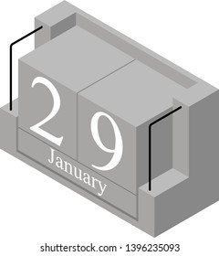 January 29th date on a single day calendar. Gray wood block calendar present date 29 and month January isolated on white background. Holiday. Season. Vector isometric illustration