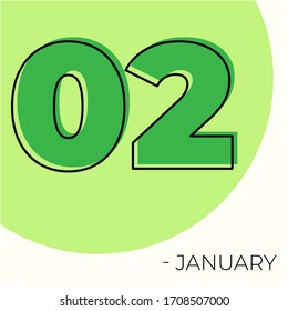 January 2nd Modern calendar isolated on white background. Vector illustration. Green colors 