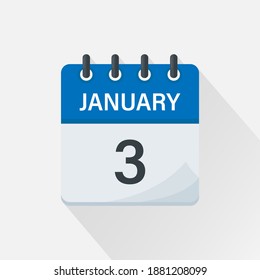 January 3, Calendar icon with shadow. Day, month. Flat vector illustration.