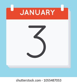 January 3. Calendar icon. Vector illustration in flat design isolated in blue background. Date and time, day, month.