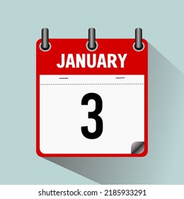 January 3, calendar icon vector illustration, isolated on light blue background.
