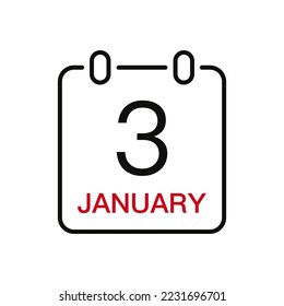 January 3 date on the calendar, vector line stroke icon for user interface. Calendar with date, vector illustration.