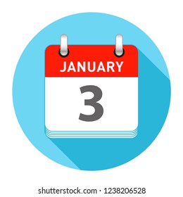 January 3 Date on a Single Day Calendar in Flat Style with long flat shadow on a blue background