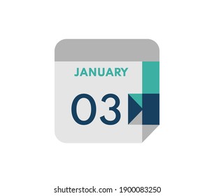 January 3 flat daily calendar date, 3 January Single Day Calendar  Icon