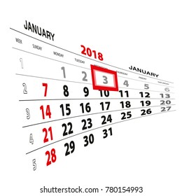 January 3, highlighted on 2018 calendar. Week starts from Sunday. Vector Illustration.