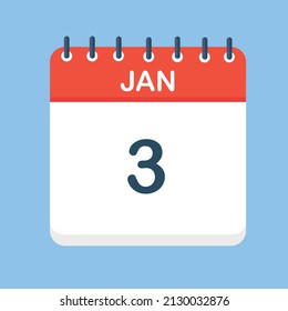 January 3. Round calendar Icon with long shadow in a Flat Design style.  Vector Illustration. Easy to edit, manipulate, resize or colorize.