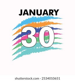 30 de janeiro Forma vetorial com fundo branco da imagem e fundo multicolor da data. 30º dia do ano novo. Data diária do calendário.