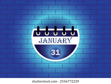 January 31 calendar sign on blue neon brick wall background. Flat design style. Date, day and month. Vector illustration.