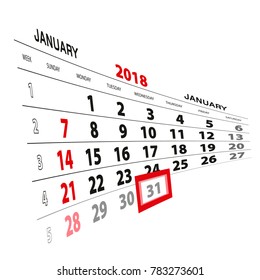 January 31, highlighted on 2018 calendar. Week starts from Sunday. Vector Illustration.