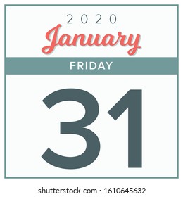 January 31st, 2020. Calendar day icon. Red and grey color.