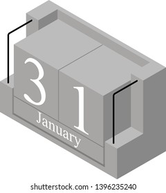 January 31st date on a single day calendar. Gray wood block calendar present date 31 and month January isolated on white background. Holiday. Season. Vector isometric illustration
