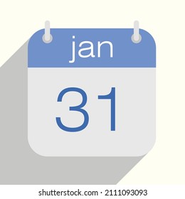 January 31th calendar vector illustration. January thirty one. Blue and gray colors. Drop shadow. Flat design style.