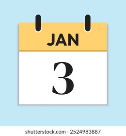 January 3rd. Serif Font. Jan 3. Daily Calendar in Flat Design. Time Concept. Yellow Illustration with Soft Blue Background. Date Icon.