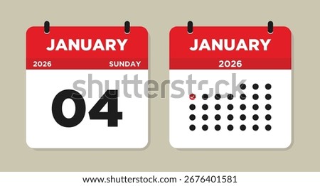 January 4 2026 Calendar Vector Illustration. 4 january calendar page. event reminder illustration. Day calendar with date January 4. Week Starts on Sunday. Checklist day calendar.