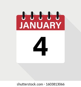 January 4 - Calendar Icon. Calendar Icon with shadow. Flat style. Date, day and month.