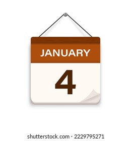 January 4, Calendar icon with shadow. Day, month. Meeting appointment time. Event schedule date. Flat vector illustration. 